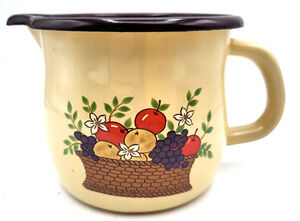 FTDA Enamelware Metal Pitcher Mug Fruit Basket Print 4" 3.5 Cup Vintage 1986